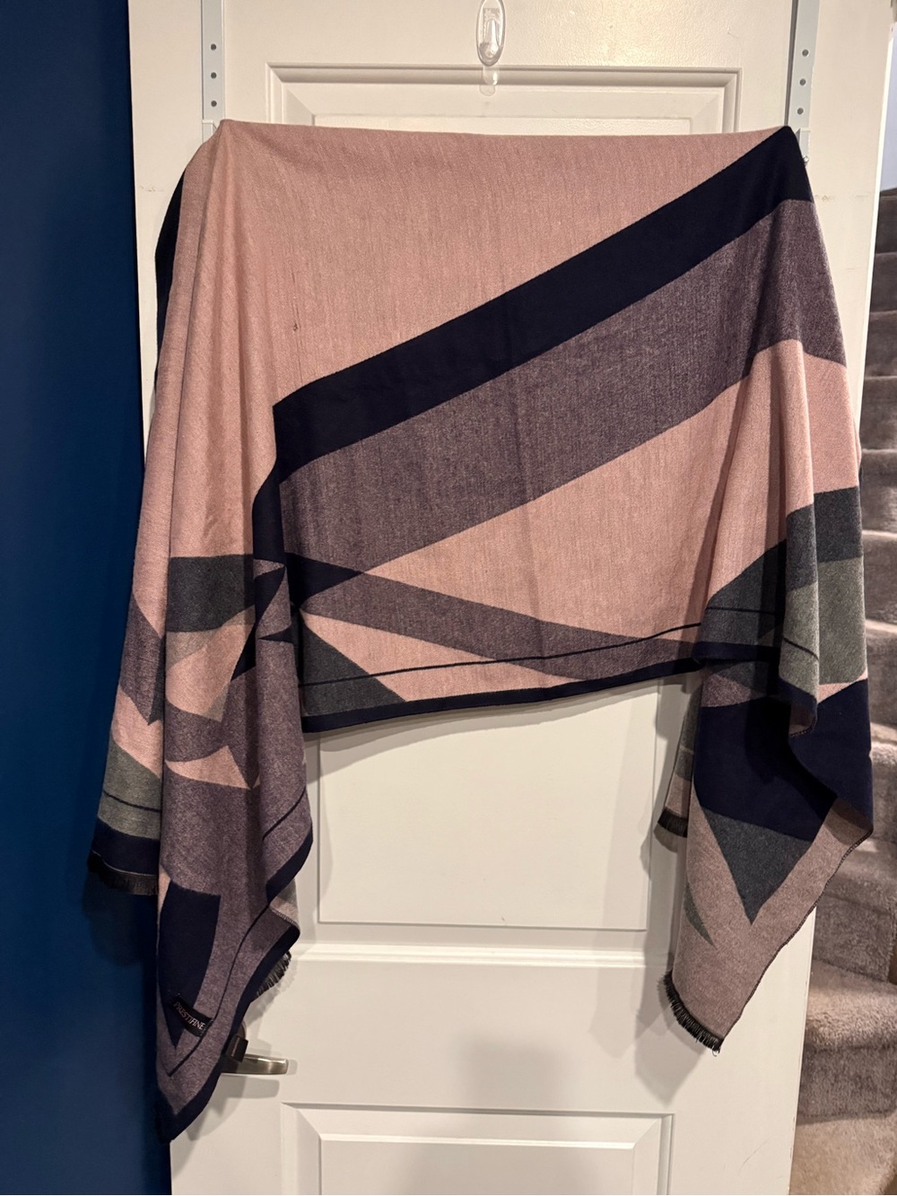 100% cashmere pink and navy geometric print pashmina
